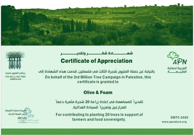 Olive & Foam partnership with the Arab Group for the Protection of Nature — planting olive trees in Palestine