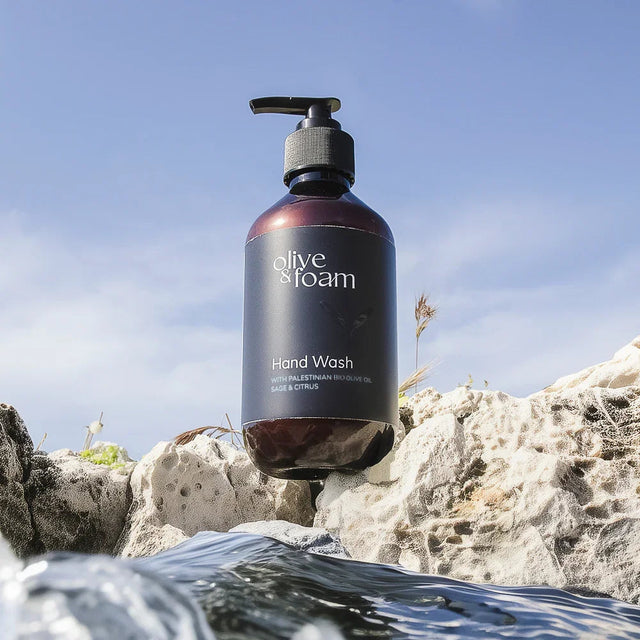 Olive & Foam Hand Wash at a bathroom sink — natural hand wash UAE