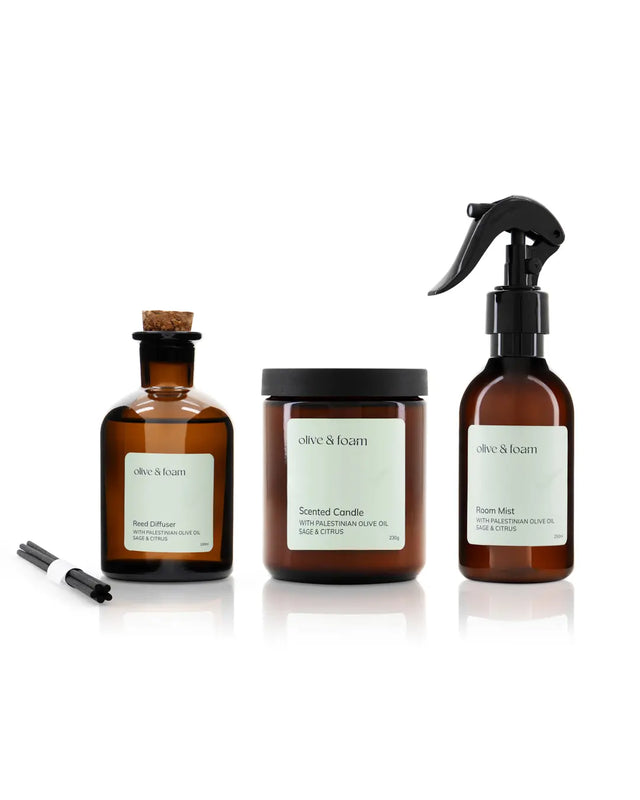 Olive & Foam Home Set contents — candle diffuser and room mist with Palestinian olive oil