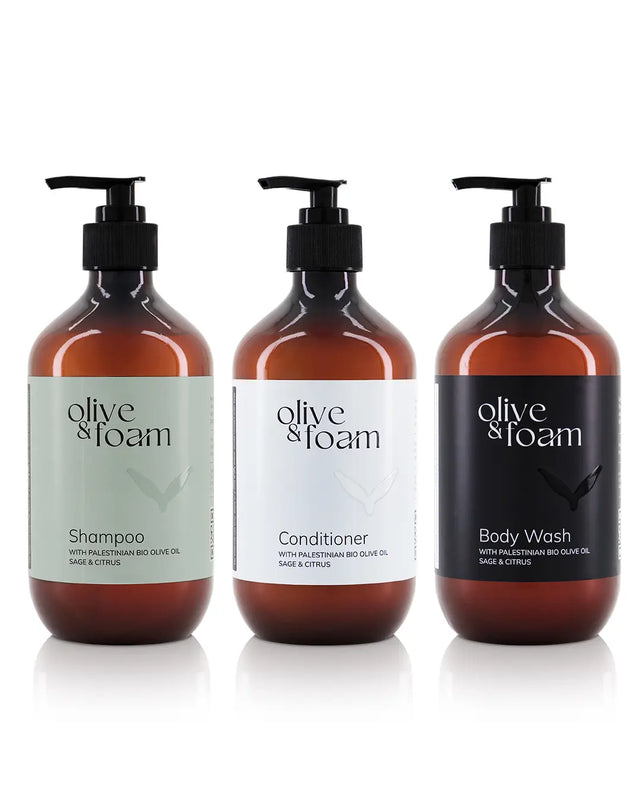 Olive & Foam Shower Set showing shampoo conditioner and body wash together