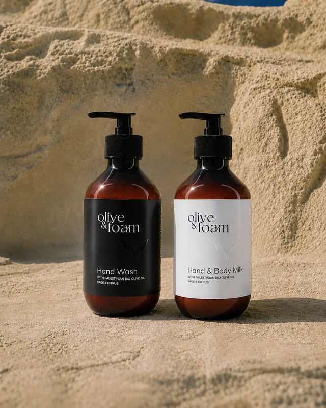 Olive & Foam Hand Set Sage & Citrus lifestyle shot — Palestinian olive oil gift set UAE