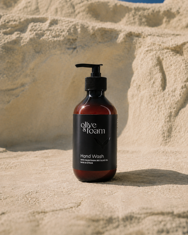 Olive & Foam Hand Wash Sage & Citrus lifestyle shot — Palestinian olive oil hand care UAE