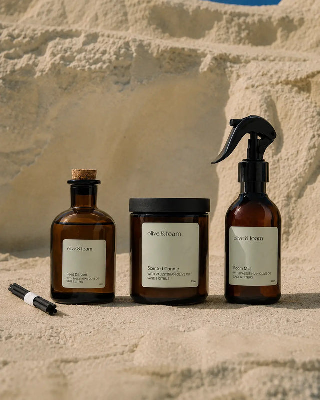 Olive & Foam Home Set Sage & Citrus lifestyle shot — candle diffuser and room mist UAE
