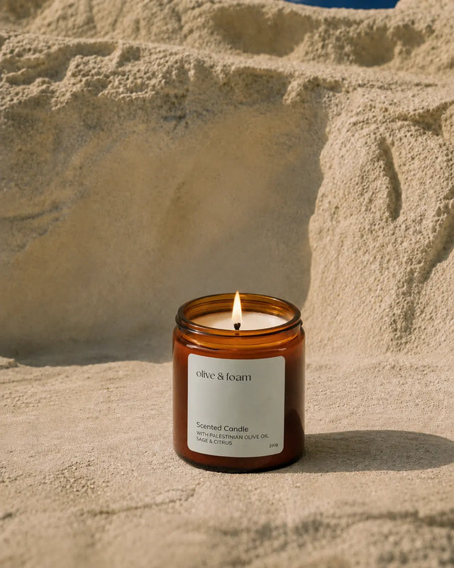 Olive & Foam Scented Candle Sage & Citrus lifestyle shot — soy wax candle UAE