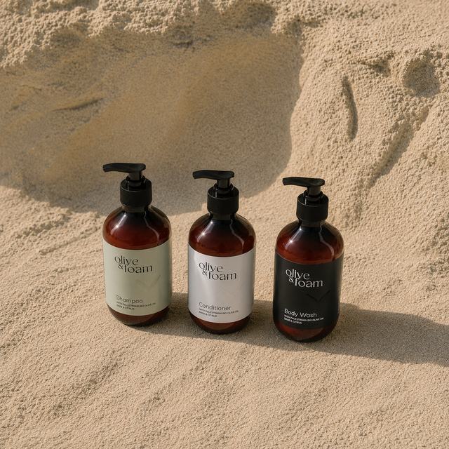 Olive & Foam Body & Hair Care collection — shampoo conditioner body wash and hand care UAE