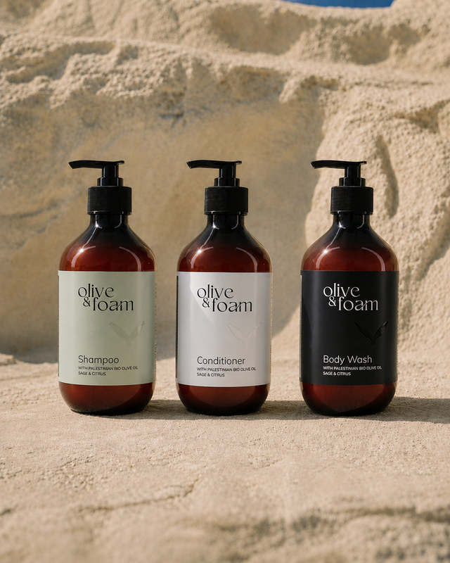 Olive & Foam Shower Set Sage & Citrus lifestyle shot — Palestinian olive oil gift set UAE