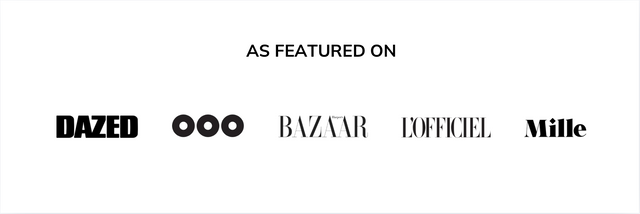 Text indicating featured on Dazed, Harper's Bazaar, L'Officiel, and Mille magazines.