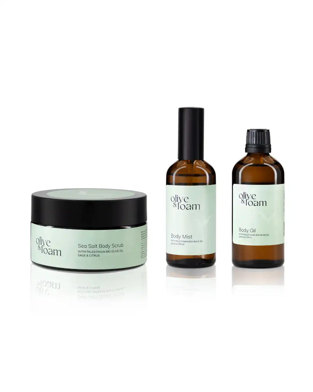 Olive & Foam Body Set unboxed — Sea Salt Body Scrub Body Oil and Body Mist together