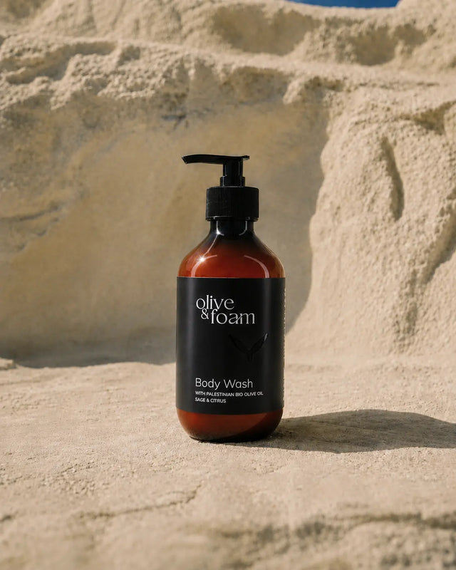Olive & Foam Body Wash Sage & Citrus lifestyle shot — Palestinian olive oil body care UAE