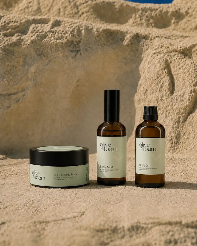 Olive & Foam Body Set unboxed — Sea Salt Body Scrub Body Oil and Body Mist together