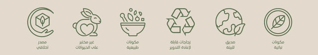 Set of icons representing ethical sourcing, cruelty-free, natural ingredients, recyclable bottles, eco-friendly, and vegan ingredients on a beige background.