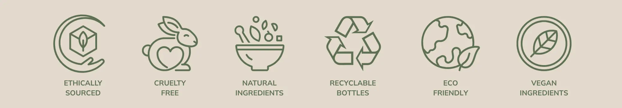 Set of icons representing ethical sourcing, cruelty-free, natural ingredients, recyclable bottles, eco-friendly, and vegan ingredients on a beige background.