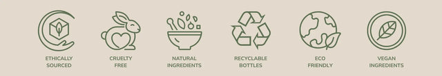 Set of icons representing ethical sourcing, cruelty-free, natural ingredients, recyclable bottles, eco-friendly, and vegan ingredients on a beige background.