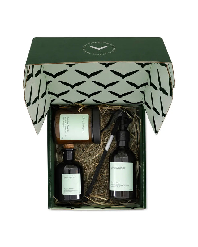 Olive & Foam Home Set Sage & Citrus with candle reed diffuser and room mist