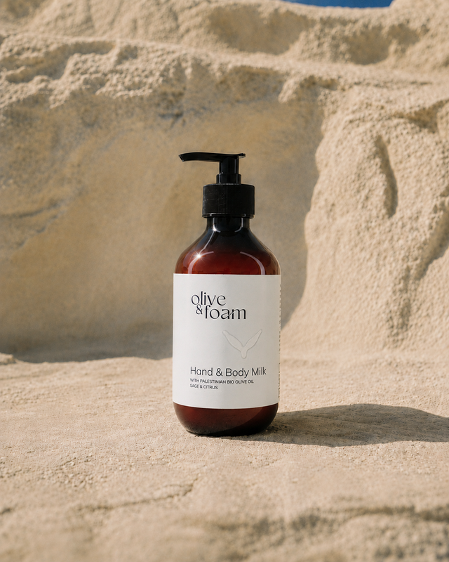 Olive & Foam Hand & Body Milk Sage & Citrus lifestyle shot — Palestinian olive oil moisturiser UAE