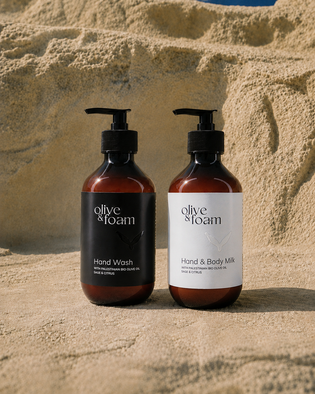 Olive & Foam Hand Set Sage & Citrus lifestyle shot — Palestinian olive oil gift set UAE
