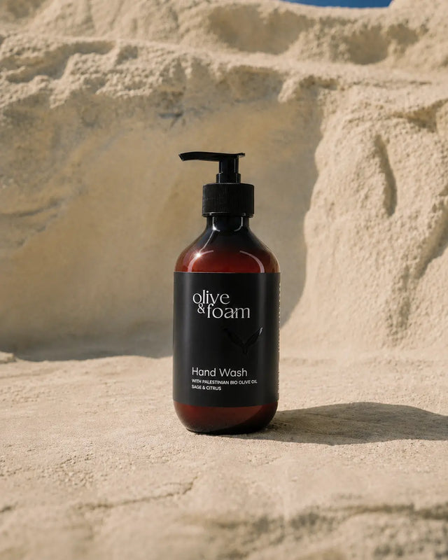Olive & Foam Hand Wash Sage & Citrus lifestyle shot — Palestinian olive oil hand care UAE