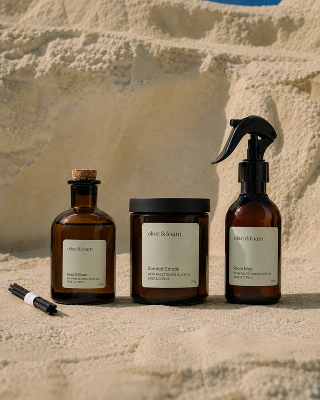 Olive & Foam Home Set Sage & Citrus lifestyle shot — candle diffuser and room mist UAE