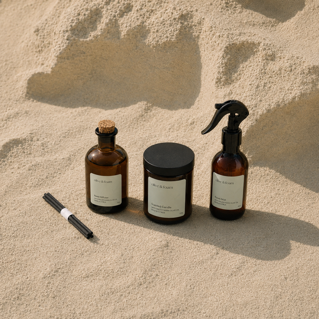 Olive & Foam Home Fragrance collection — sage and citrus candle reed diffuser and room mist UAE