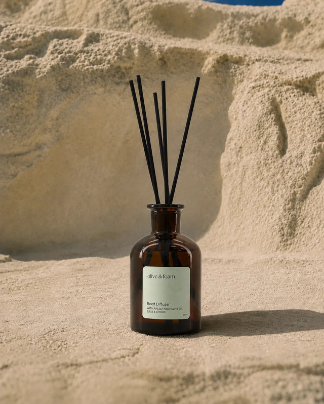 Olive & Foam Reed Diffuser Sage & Citrus lifestyle shot — home fragrance UAE