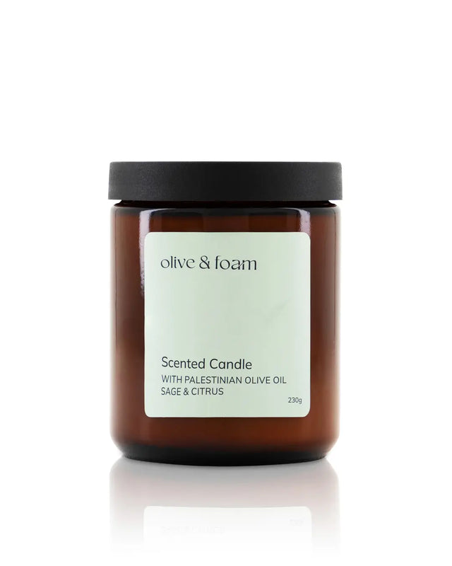 Olive & Foam Scented Candle Sage & Citrus 230g soy wax with Palestinian olive oil