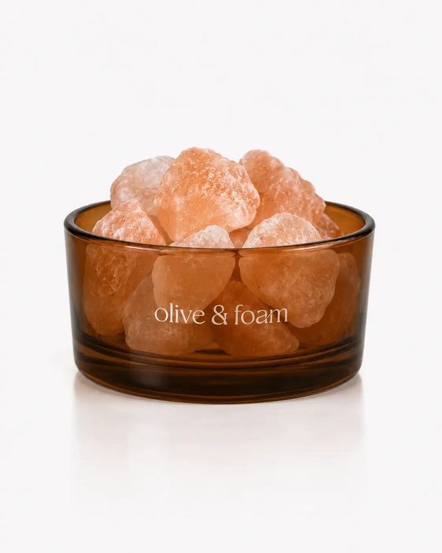 Olive & Foam Himalayan Salt Diffuser amber glass bowl with Himalayan salt