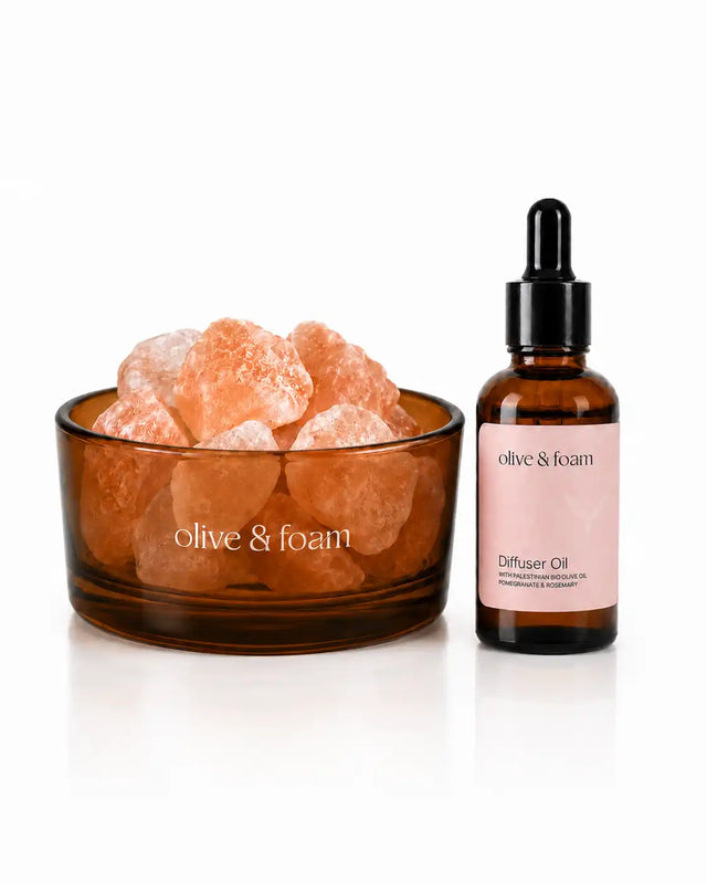 Olive & Foam Himalayan Salt Diffuser and Pomegranate & Rosemary Diffuser Oil set