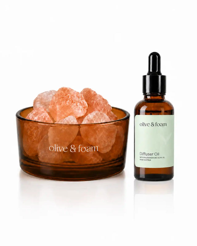 Olive & Foam Himalayan Salt Diffuser and Sage & Citrus Diffuser Oil set