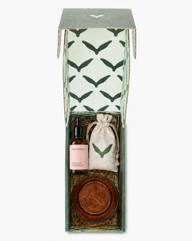 Olive & Foam Himalayan Salt Diffuser Pomegranate & Rosemary set styled shot