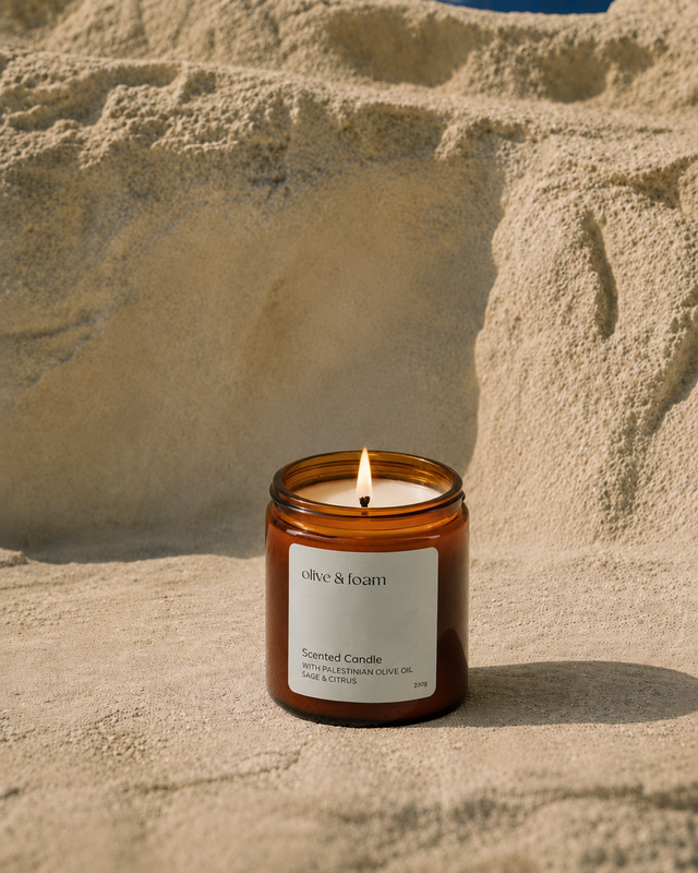 Olive & Foam Scented Candle Sage & Citrus lifestyle shot — soy wax candle UAE