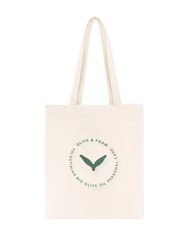 Olive & Foam branded tote bag in natural canvas